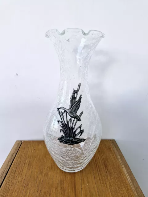 Grand Vase Vintage En Verre Craquelé Décor Etain Oie Roseaux