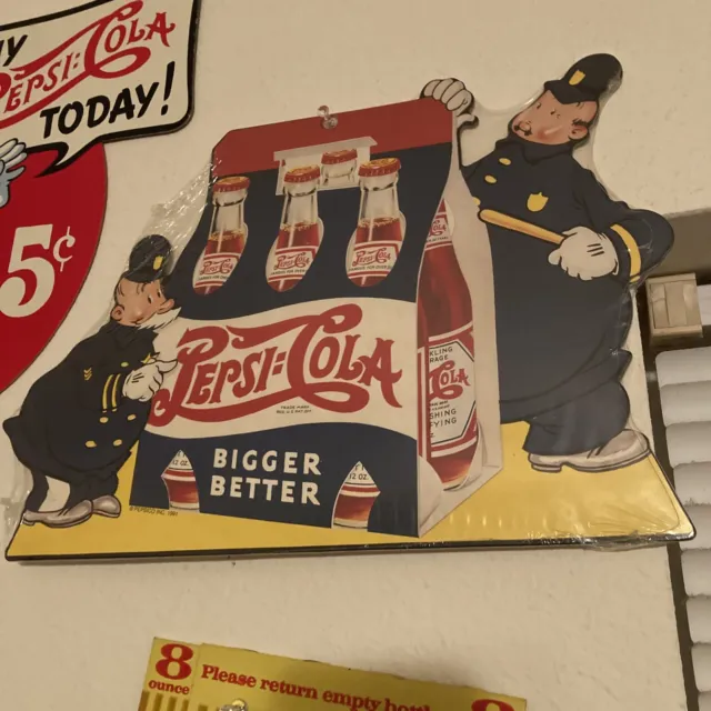 Vintage Pepsi BIGGER BETTER Cardboard Sign Pete Pepsi Cop 14.5x9.5 Plastic Wrap