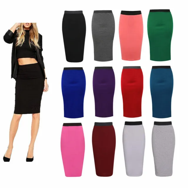 Ladies Plain Office Womens Stretch Bodycon Midi Pencil Skirt Plus Size Uk 8-26