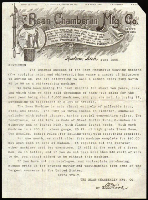 1899 Hudson Mi - Bean Chamberlin Mfg Co - Pneumatic Washing Machines Letter Head