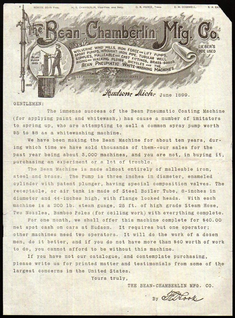 1899 Hudson Mi - Bean Chamberlin Mfg Co - Pneumatic Washing Machines Letter Head