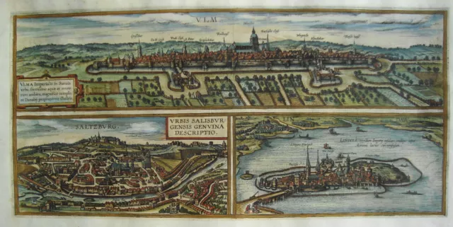 Ulm Salzburg Lindau  alter dekorativer Braun und Hogenberg Kupferstich 1580