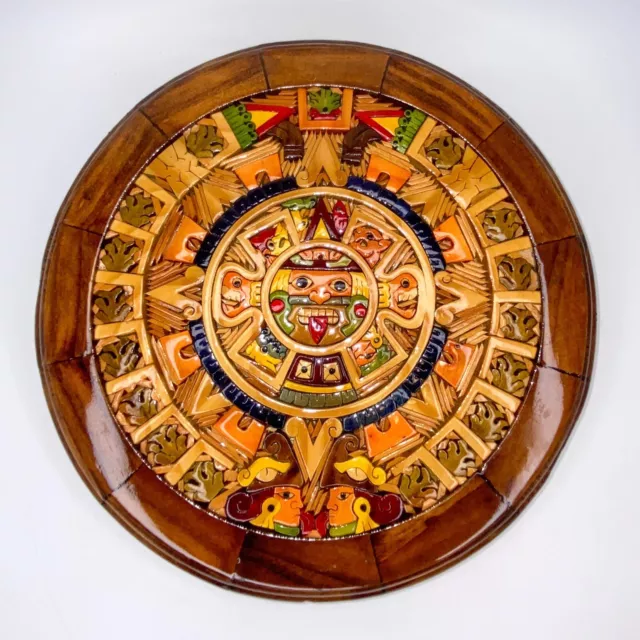 Vtg Aztec Mayan Calendar Hand Carved Inlay Wooden Wood Art Mexican