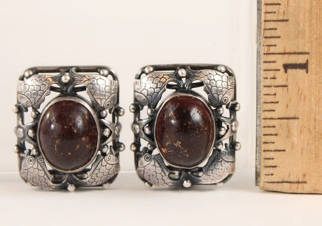 Vintage Denmark Designer Baltic Amber Sterling Silver Fish Starfish Earrings NR
