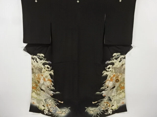 6796866: Japanese Kimono / Antique Tomesode / Kinsha / Embroidery / Kiku & Peony