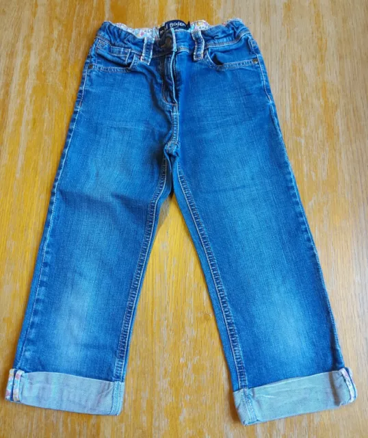 Mini Boden Grils Mid Blue Denim Cropped Jeans Capri Turn Ups Floral Trim 9y GUC