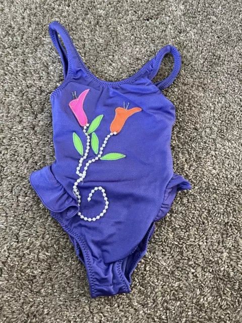 Vintage Baby Toddler Girl Swimsuit One Piece Purple Floral Beads Size 24 Months