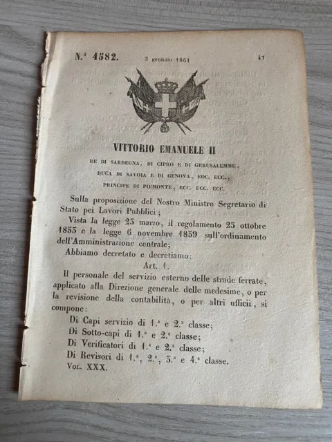 Personale Servizio Strade Ferrate-Regio Decreto-Re Vittorio Emanuele Ii 1861