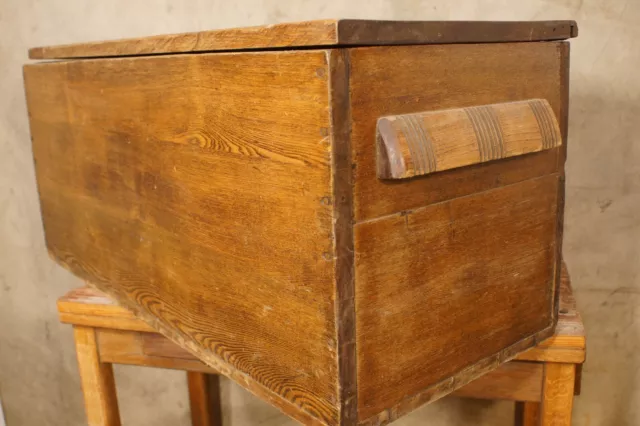 Antique 19th Century Wooden Blanket Chest Carved Handles Iron Hinges Heavy Wood