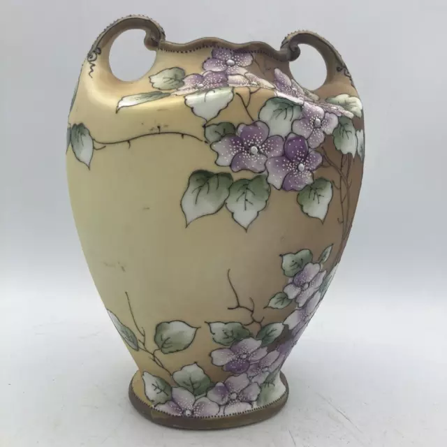 Nippon Hand Painted Double Handle Vase Moriage Design