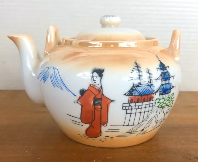 Vintage Japanese orang lustre ware hand painted decorative pretty small tea pot