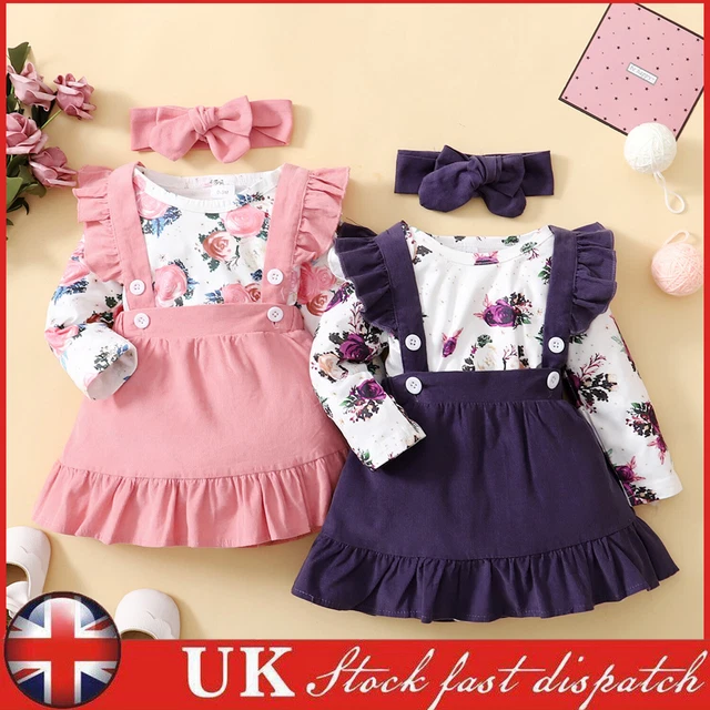 3PCS Newborn Baby Girls Outfits Romper Tops Dress Heandband Set Jumpsuit Clothes