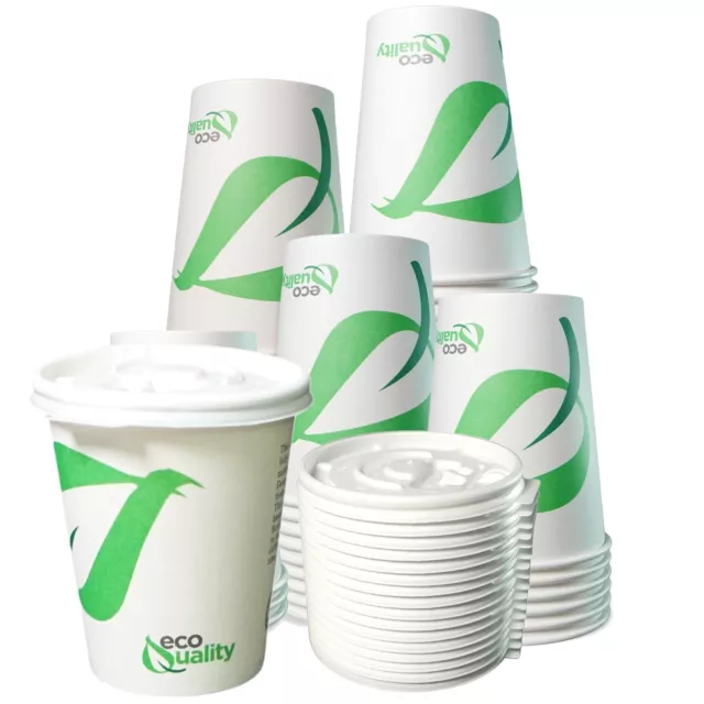 12oz Disposable Biodegradable White Paper Coffee Cups with White Flat Lids 25pcs