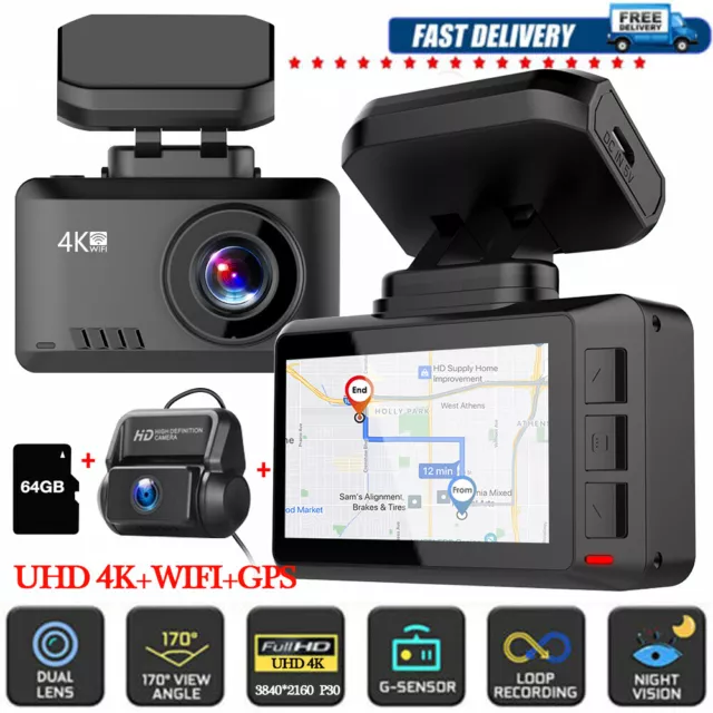 4K UHD Dual Lens Car Dash Cam GPS WIFI Front Rear Cam Videorecorder G-Sensor