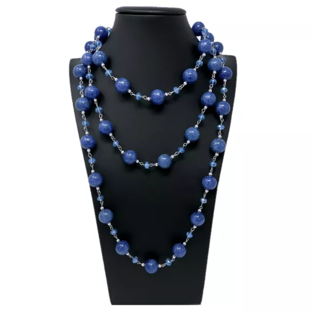 Collier Long Cristaux Billes Femme Élégant Modèle Classique Brillant Bleu