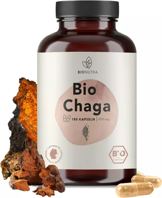 BIONUTRA® Chaga Kapseln Bio (180 x 650 mg), hochdosiert, deutsche Herstellung