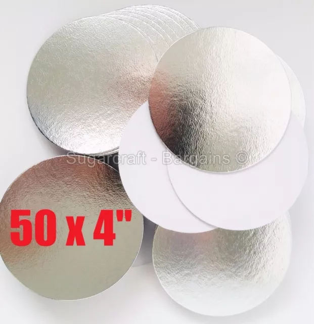 50 x 4" ROUND THIN CUT EDGE SILVER cake cupcake boards cards sugarcraft CULPITT