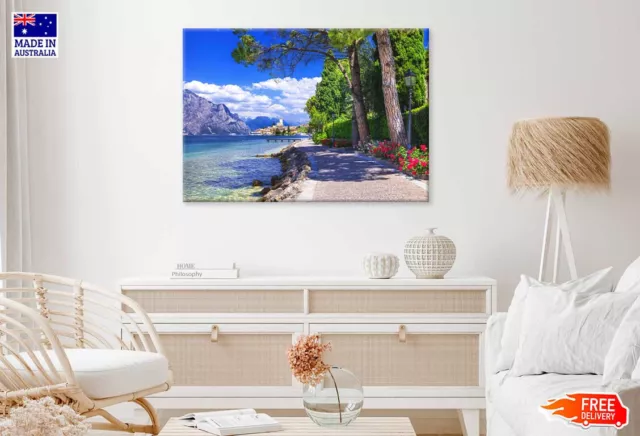 Malcesine Beach View in Northern Italy Beach Stretched Canvas 90x60cm Print