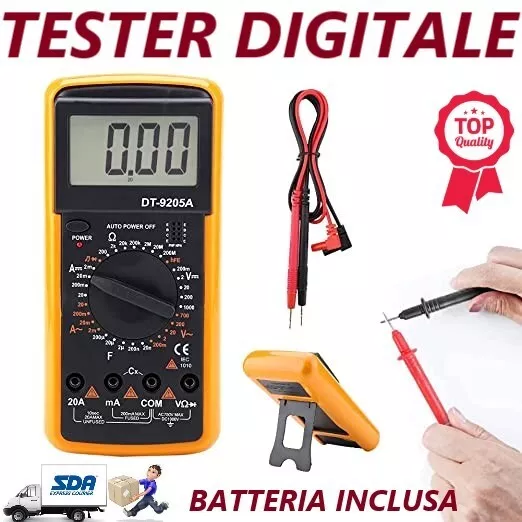 Tester Digitale Multimetro Professionale Dt-9205A + Coppia Puntali Volt Ampere