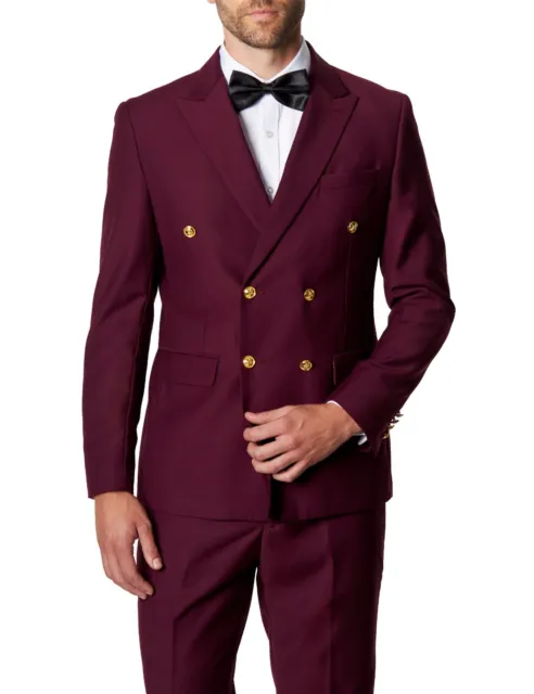 Mens Maroon Double Breasted Jacket Tailored Fit Peak Lapel Gold Button Blazer