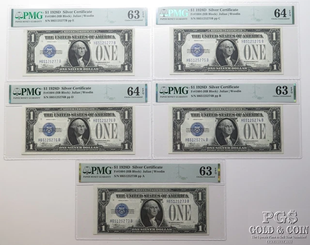 5 Consecutive Serial $1 1928D Silver Certificates Fr#1604 PMG63 &64 EPQ CU 26428