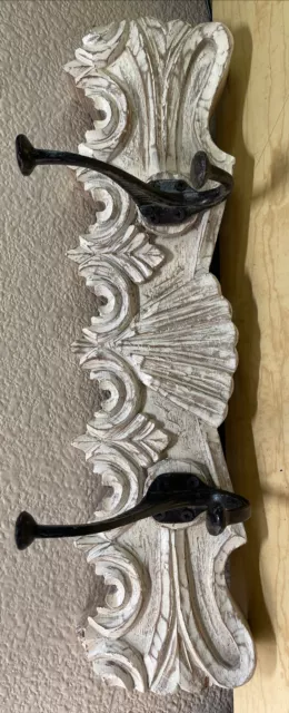 Vintage Thick Carved Painted Wood Wall Hanger w/ 2 Heavy Iron Hooks India Made
