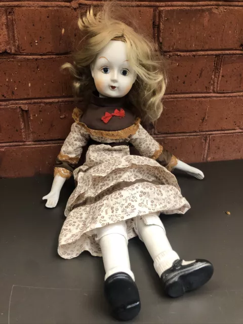 Vintage China Doll With Cloth Body & Porcelain Head, Arms & Legs 18"