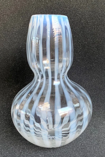 Hand Blown Opalescent Glass Gourd Form Glass Vase. 10.5" White Stripes / Ribbons