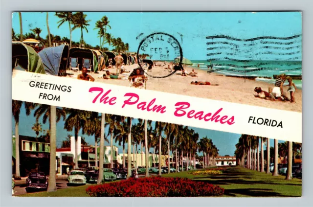 Palm Beach-FL Florida, Banner Greetings, 1950's Cars, Vintage Postcard