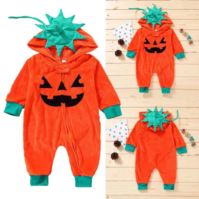 Kids Baby Girl Boys Halloween Pumpkin Romper Hooded Fancy Costume Cosplay Outfit