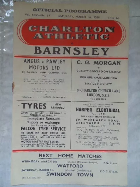 CHARLTON ATHLETIC v BARNSLEY DIV.TWO 1957-58