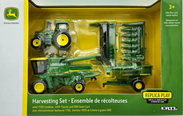 1/64 ERTL TOY JOHN DEERE HARVESTING SET 7720 COMBINE 4555 TRACTOR Ert45821