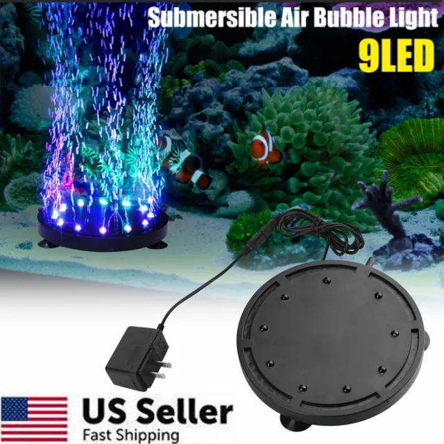 9LED Aquarium Underwater Air Bubble Disk Light Fish Tank RGB Submersible Lamp US