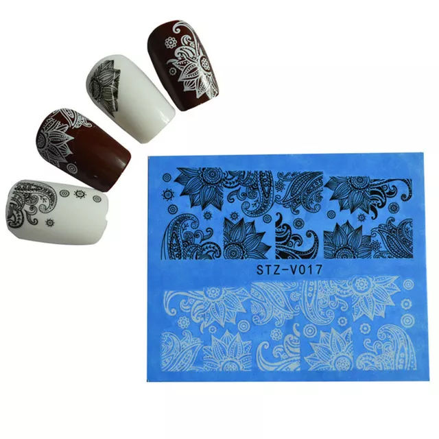 Nail Art Water Transfers Stickers Decals White Black Flowers Floral Gel Polish 3