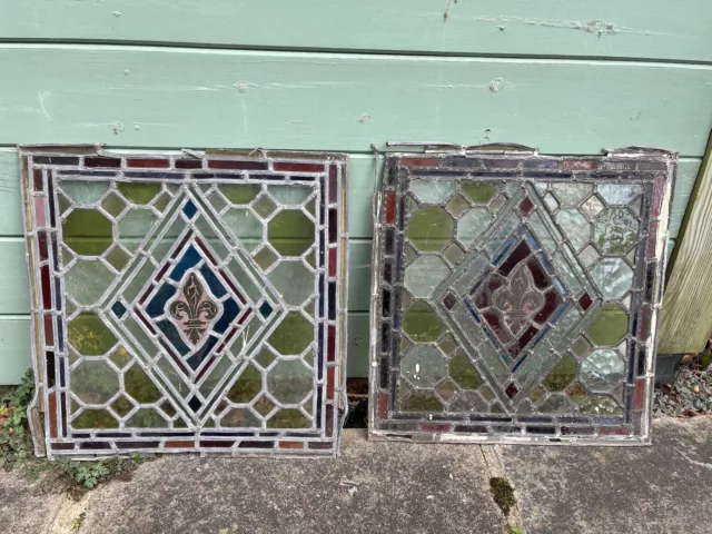 A Pair Of Antique Leaded Stained Glass Window Piece, To Repair