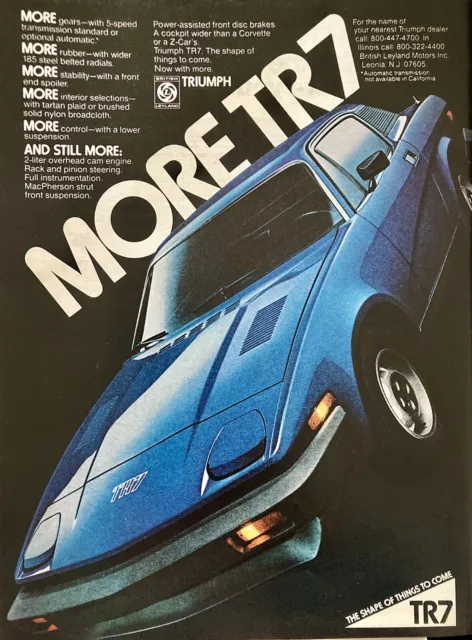 1977 or 78 Blue Triumph TR7 Magazine Print Ad. Back: RCA TV Corrects Flesh Tones