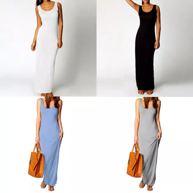 Women Fashion Elegant Slim Vest Dress Casual Solid Sleeveless Full Long Dresses 3