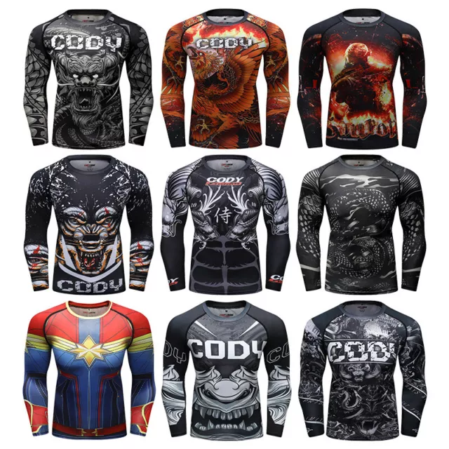 MMA BJJ Mens Rashguard Jiu Jitsu long Sleeve Rash Guard Fight Wear No Gi Tops UK