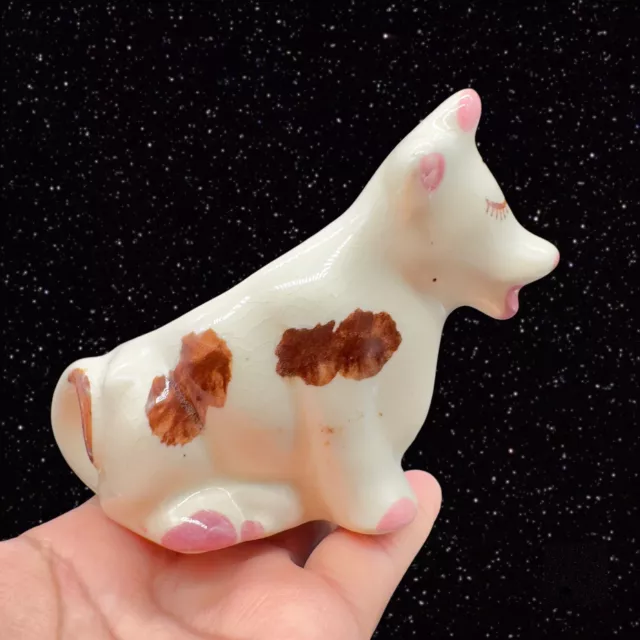 California Pottery Ceramic Cow Creamer Figurine Vintage Pottery 5”W 4”T