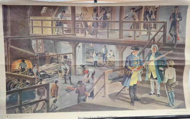 Große alte Lehrtafel "In einer Gewehrmanufaktur" Unterricht Wandkarte Rollkarte