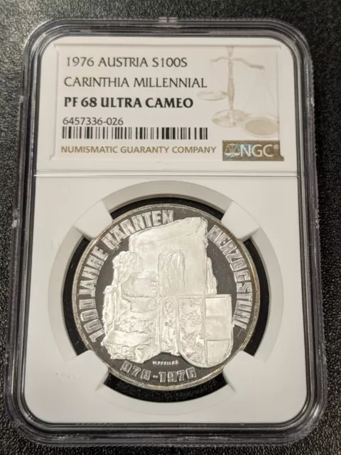 1976 PF68 Ultra Cameo Austria Silver 100 Schilling NGC KM 2932 TOP POP Carinthia
