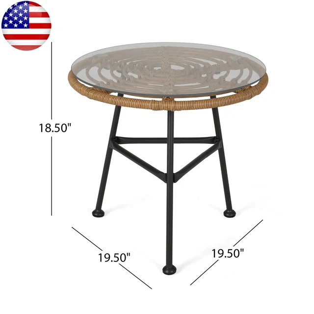 Outdoor Woven Faux Rattan Side Table W/ Glass Top Light Polyethylene Steel Leg