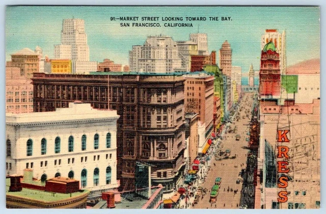 Market Street Looking Towards Bay San Francisco Ca Vintage Linen Postcard