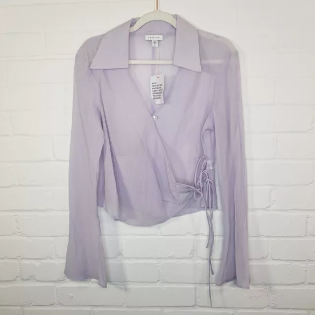 Topshop Wrap Blouse Top UK 12 Lilac Semi Sheer Flute Sleeves Chic ASOS Gift BNWT