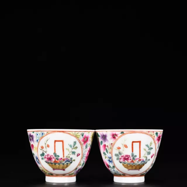 2.9" old antique qing dynasty qianlong mark porcelain a pair flower pattern cup