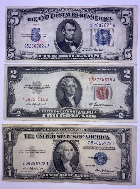1934($5) Five Dollar, 1935($1) One Dollar Blue Seals, 1953 ($2) Two Dollar Red