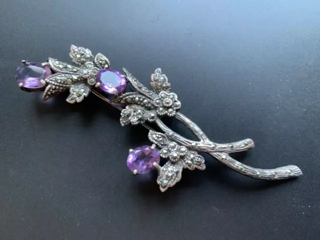 Fabulous Antique French Jeweller Sterling Silver Brooch - Amethyst, Marcasite