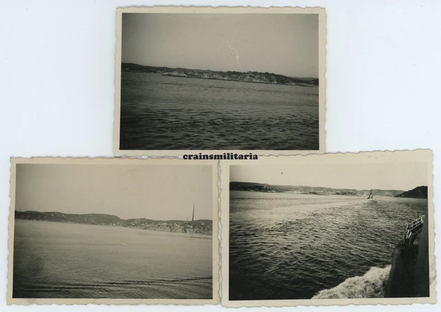 3x Orig. Foto Minenschiff Roland b. Einfahrt in Hafen KRISTIANSAND Norwegen 1940