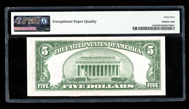 DBR 1934-B $5 Silver Fr. 1652 Vinson Gem LA Block PMG 65 EPQ Serial L30863295A 2
