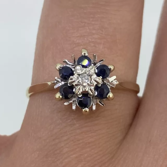 Sapphire & Diamond Daisy Flower Ring 9ct 9k Yellow Gold - Size N